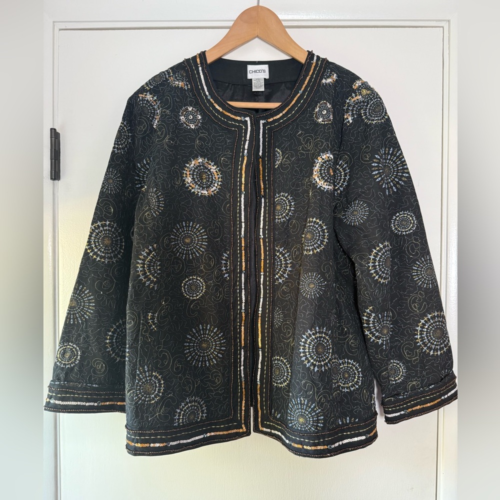 Chico’s Sequin Embroidered Jacket Blazer Collarless Mature Metallic Party Chic